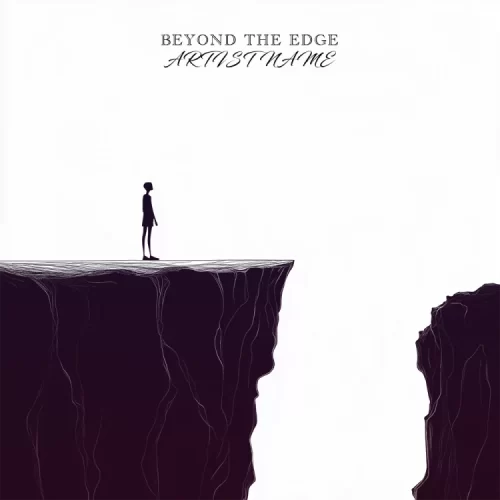 Beyond the Edge Album Cover featuring a black-and-white minimalist illustration of a lone figure standing at the edge of a cliff, staring into the void.