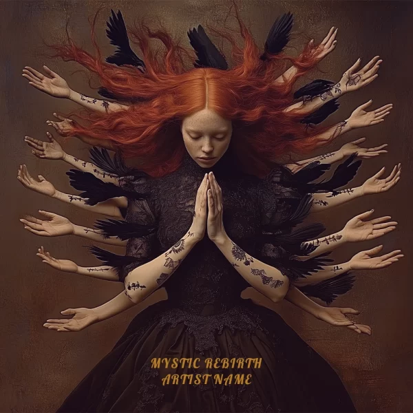 Mystic Rebirth Album Cover featuring a mystical red-haired woman with multiple hands and black feathers.