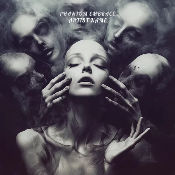 Phantom Embrace Album Cover featuring a surreal woman surrounded by ghostly faces and mist.