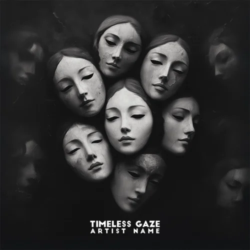 Timeless Gaze - Captivating Music Album Cover - a group of masks on a black background