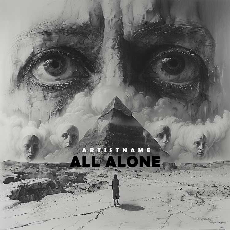 All Alone - A cinematic music album cover featuring a lone figure, a pyramid, and fading ghostly faces in a desolate landscape.