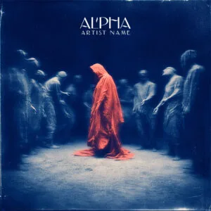 red hooded figure album cover art – Alpha cinematic ethereal design for post-rock and indie artists