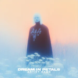 Dream in Petals - A dreamy music album cover featuring a figure in a dark cloak with white floral embroidery, standing among white flowers against a soft pink and blue misty background.