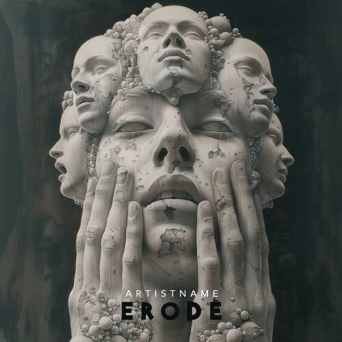 Erode Album Cover - A haunting music album cover with multiple stone faces and hands in a dark, textured design.