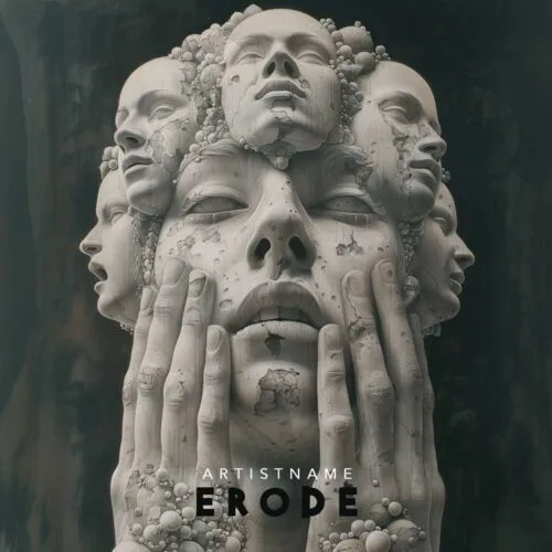 Erode Album Cover - A haunting music album cover with multiple stone faces and hands in a dark, textured design.