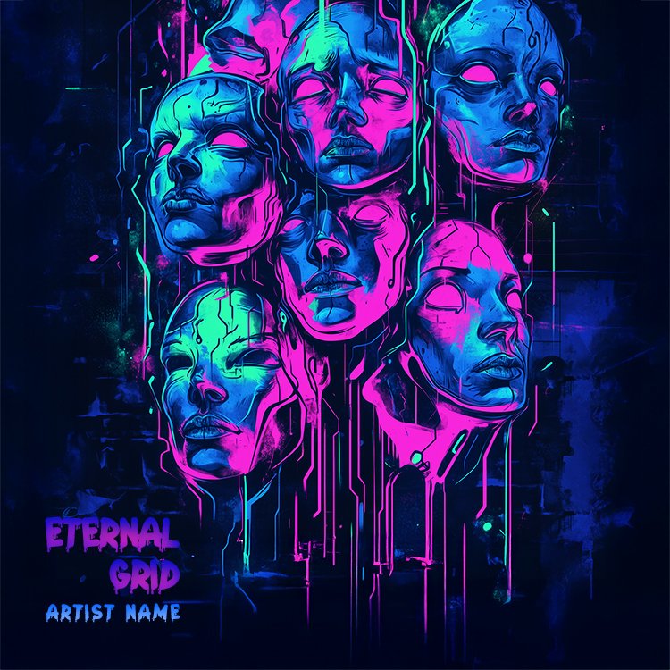 Eternal Grid - A futuristic music album cover featuring neon-lit faces with glowing eyes and circuit-like lines in a cyberpunk aesthetic.