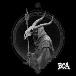 Silent Death Goatlord Ritual Summoner blank album cover artwork, customizable with title, featuring a hooded goat skull with a ritual staff in a mystic circle, perfect for Death Metal projects and instant download.