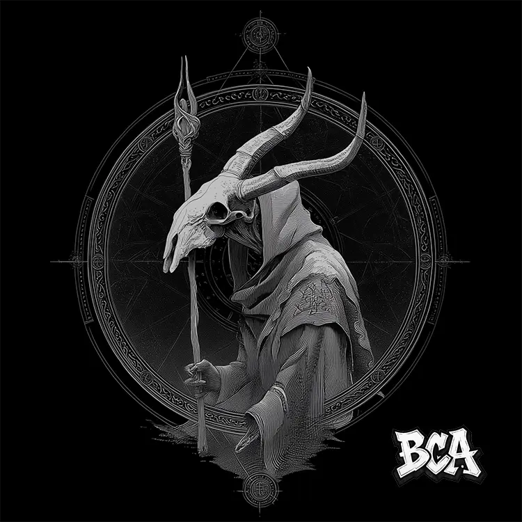 Silent Death Goatlord Ritual Summoner blank album cover artwork, customizable with title, featuring a hooded goat skull with a ritual staff in a mystic circle, perfect for Death Metal projects and instant download.