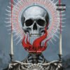 Gravity gothic skull album cover art with sacred halo, red flames, and candlesticks for heavy metal