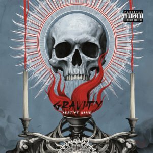 Gravity gothic skull album cover art with sacred halo, red flames, and candlesticks for heavy metal