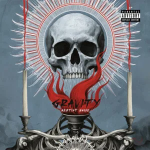 Gravity gothic skull album cover art with sacred halo, red flames, and candlesticks for heavy metal