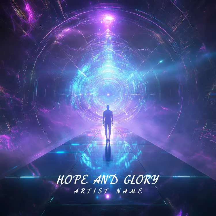 Hope and Glory - Synthwave Album Cover - A futuristic music album cover featuring a figure standing in a glowing tunnel with vibrant blue and purple lights.