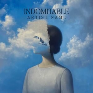 Indomitable - Dream Pop Inspirational Album Cover - An uplifting music album cover featuring a figure with half their head dissolving into clouds and birds against a vibrant blue sky.
