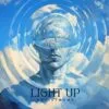 Light Up - A serene music album cover featuring a head with a cloud-filled scene and a tiny figure inside, set against a dreamy blue sky.