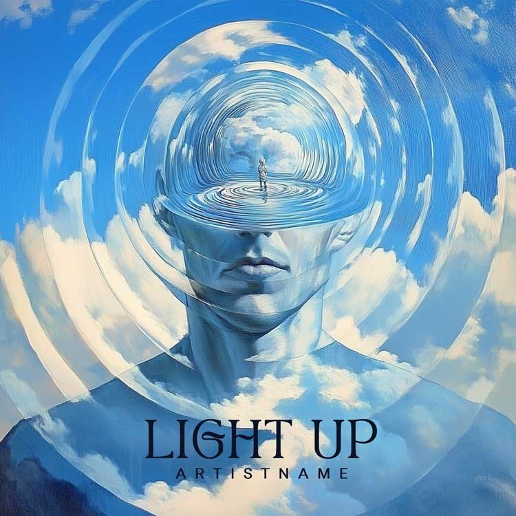 Light Up - A serene music album cover featuring a head with a cloud-filled scene and a tiny figure inside, set against a dreamy blue sky.