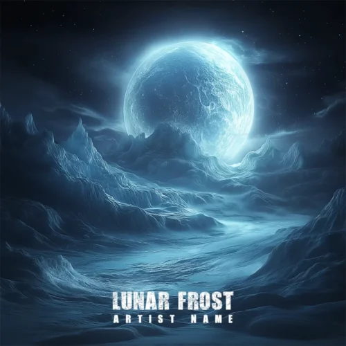 Lunar Frost - A hyper-realistic sci-fi album cover featuring an icy alien landscape under a glowing moon.