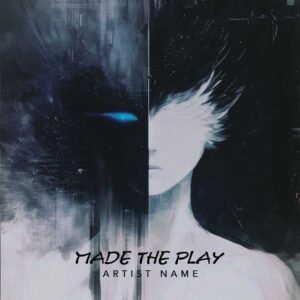 Made The Play - Dark Pop Album Cover - A dramatic music album cover featuring a split face with a glowing blue eye on the dark side and white feathers on the light side, set against a textured background.