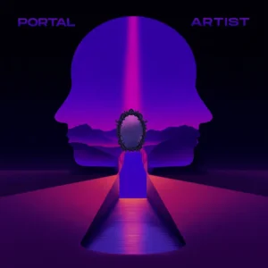 A shimmering portal framed by ancient stone arches, glowing with purple and teal hues, set against a starry night sky, symbolizing a journey to the unknown.
