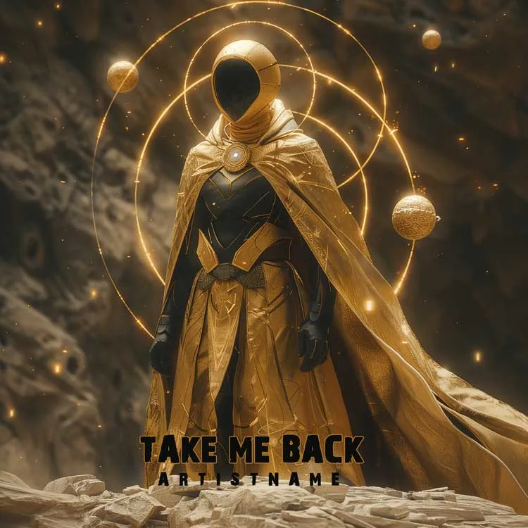 Take Me Back - A majestic music album cover featuring a golden-robed figure with a helmet, surrounded by cosmic rings and planets.