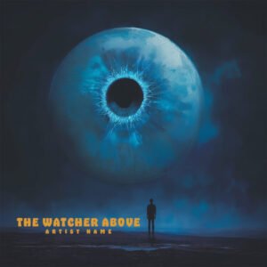 The Watcher Above album cover featuring a surreal giant blue eye overlooking a lone figure.