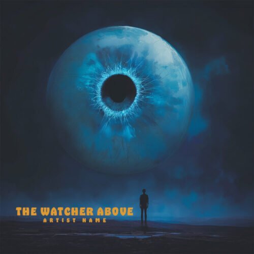 The Watcher Above album cover featuring a surreal giant blue eye overlooking a lone figure.