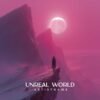 Unreal World - Dreampop Surreal Album Cover - A surreal music album cover featuring a cloaked figure on a cliff with a large moon in a pink sky.