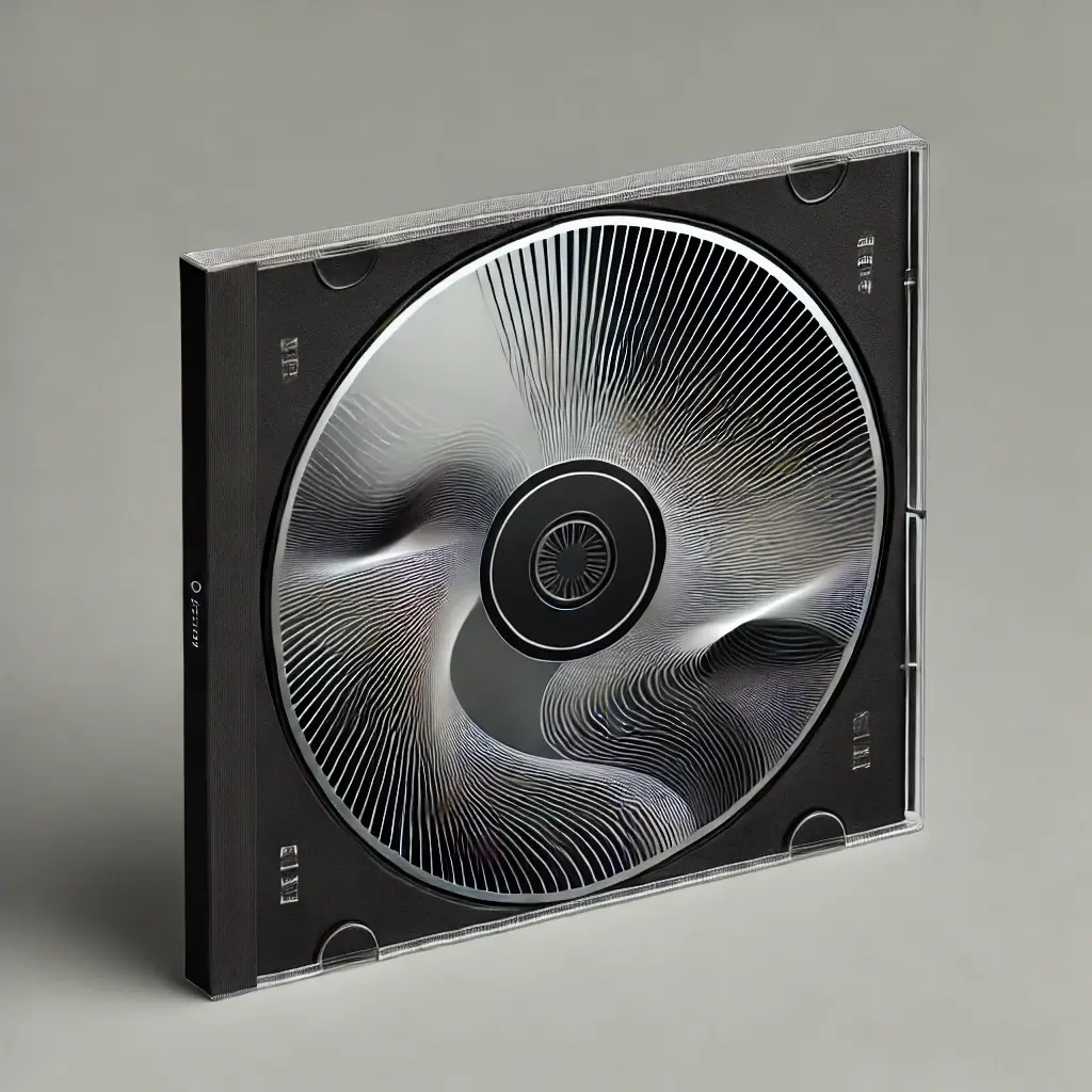 Minimalist and professional CD album cover design featuring a sleek, circular CD partially visible inside a square case. The design includes elegant abstract lines radiating from the center of the CD, set against a simple grey background, creating a clean and refined aesthetic.