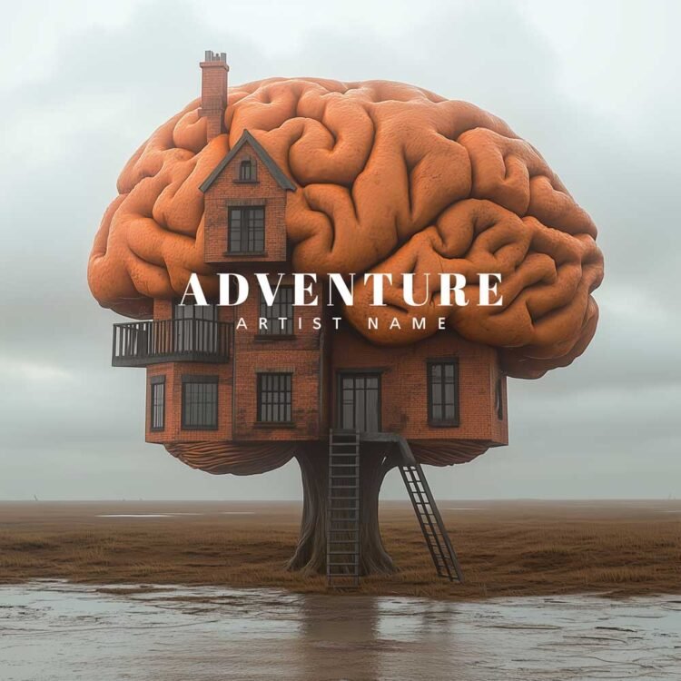 Adventure - Surreal Folk Album Cover - A surreal music album cover featuring a brick house inside a brain-shaped tree in a misty field.