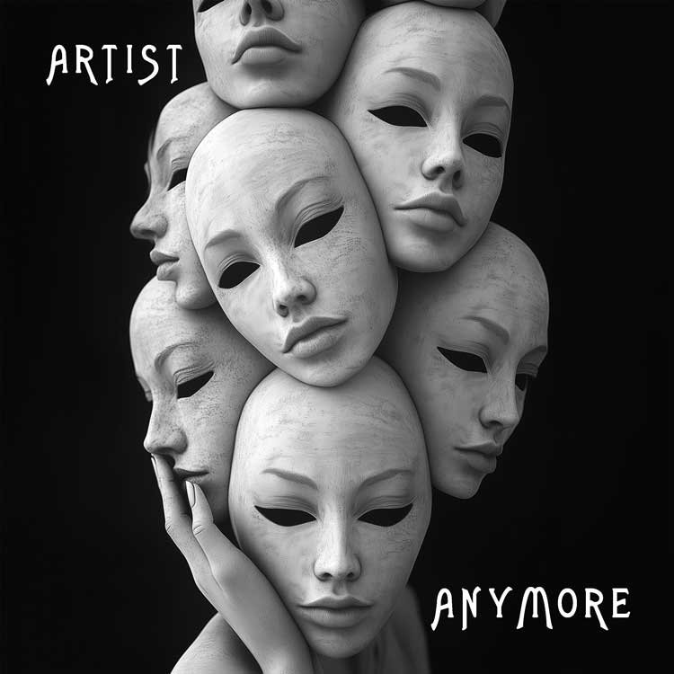 Anymore - Minimal Ambient Album Cover - A haunting music album cover featuring a stack of stone-like masks with hollow expressions against a black background.