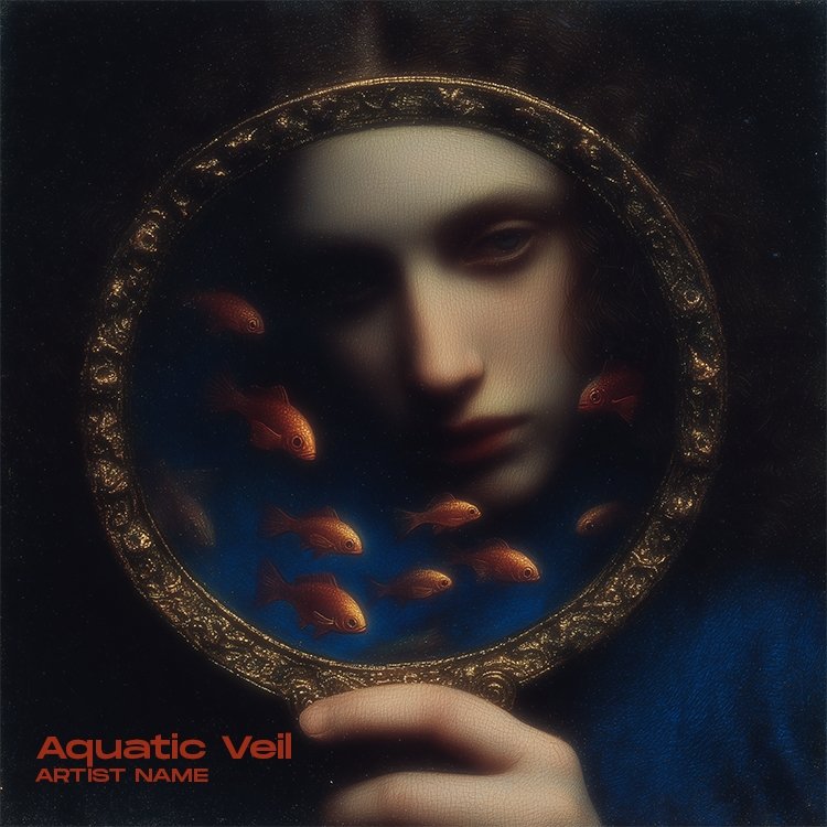 A mystical Aquatic Veil music cover art featuring fluid, watery textures and a translucent, ethereal veil effect in deep blue tones.