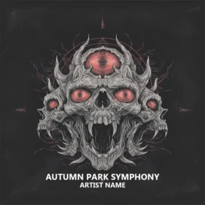 A serene park scene with golden and crimson autumn leaves falling gently, accompanied by a violin silhouette, under a warm afternoon sun.