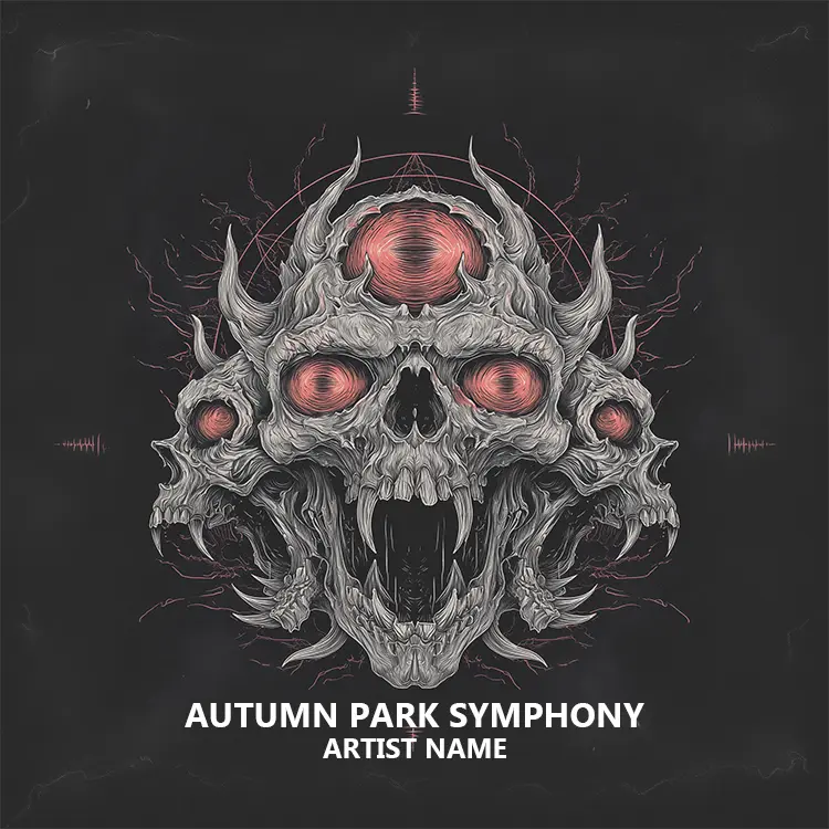 A serene park scene with golden and crimson autumn leaves falling gently, accompanied by a violin silhouette, under a warm afternoon sun.