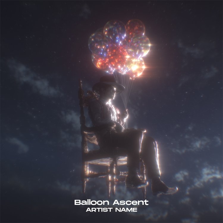 A whimsical Balloon Ascent music cover art featuring a solitary balloon rising into a soft, glowing sky with ethereal clouds.