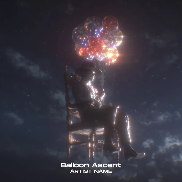 A whimsical Balloon Ascent music cover art featuring a solitary balloon rising into a soft, glowing sky with ethereal clouds.