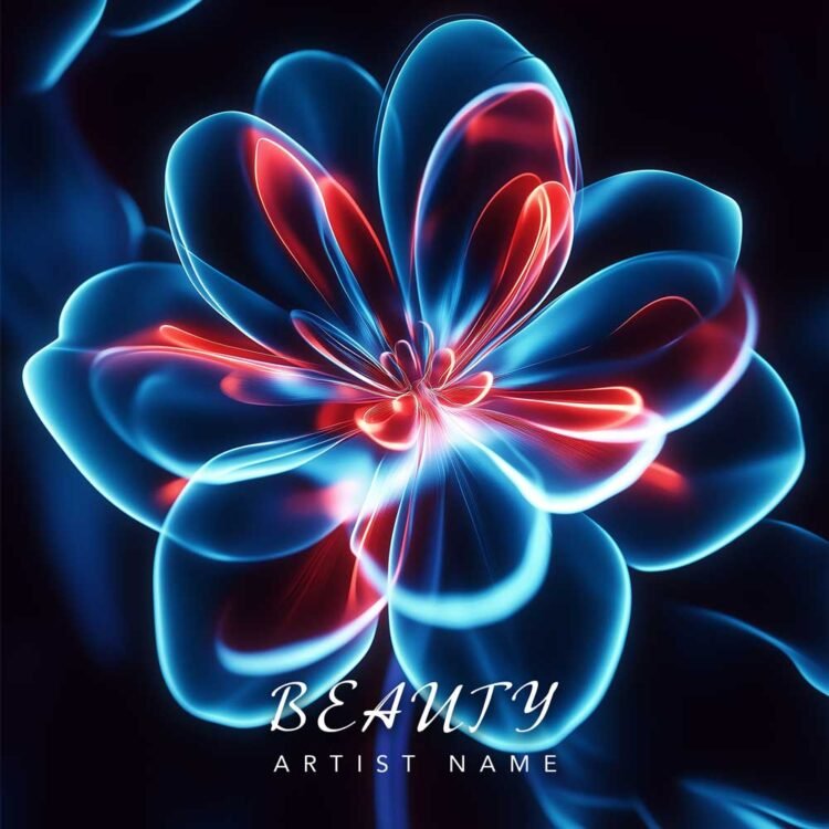 Beauty - A dreamy music album cover featuring a glowing flower with blue and red neon lights against a dark background.