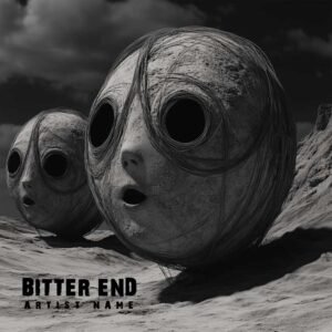 Bitter End - Dark Ambient Experimental Album Cover - A haunting music album cover featuring large stone faces with open mouths and hollow eyes in a desolate desert landscape under a cloudy sky.