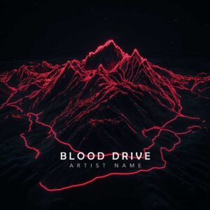 Blood Drive - Synthwave Dark Album Cover - A thrilling music album cover featuring a neon red mountain landscape against a dark starry sky.