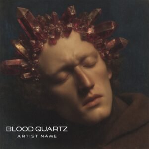 A striking Blood Quartz music cover art featuring a crystalline red quartz structure with deep shadows and organic, visceral textures.