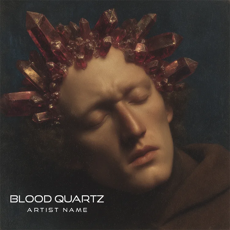A striking Blood Quartz music cover art featuring a crystalline red quartz structure with deep shadows and organic, visceral textures.