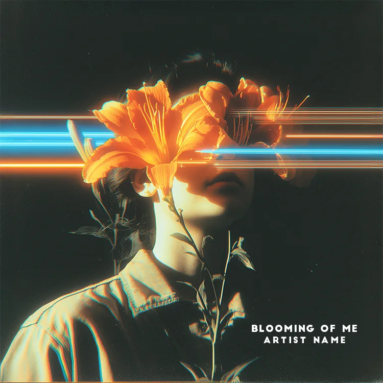 A surreal music album cover art featuring a person with a blooming flower covering their eyes and vibrant neon light effects.
