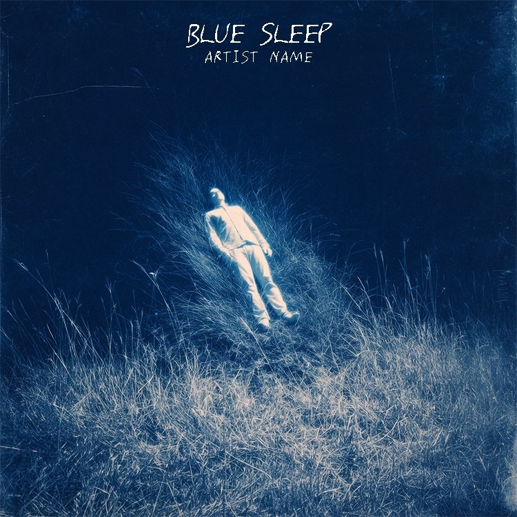 A dreamy Blue Sleep music cover art featuring a serene blue figure floating or resting in a calm, ethereal watery landscape.