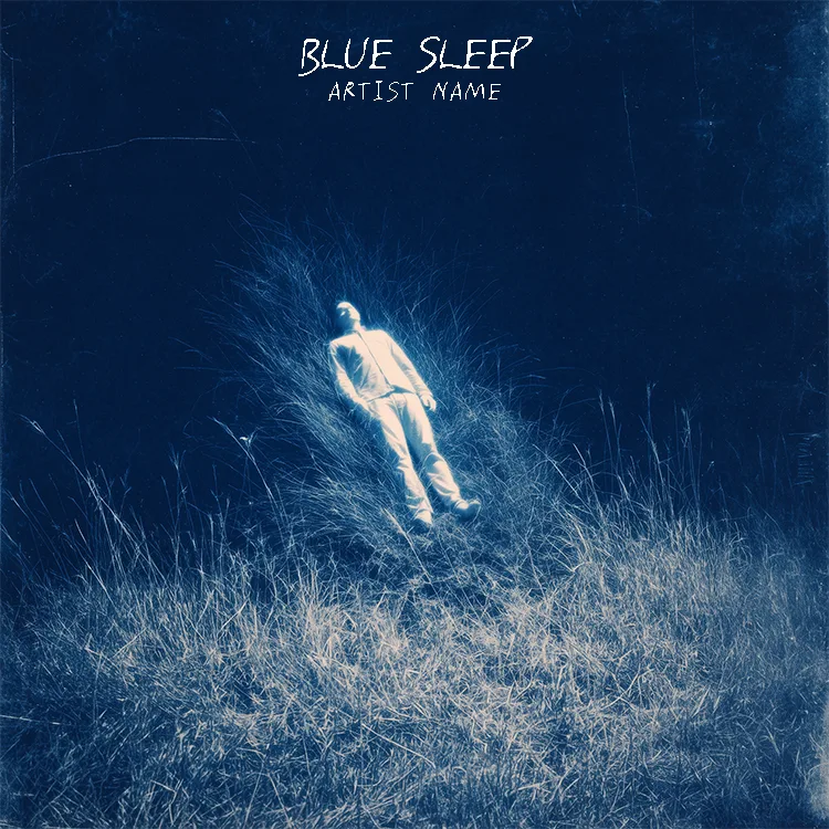 A dreamy Blue Sleep music cover art featuring a serene blue figure floating or resting in a calm, ethereal watery landscape.