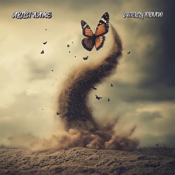 Butterfly Tornado Album Cover featuring a vibrant butterfly in a swirling sandstorm.