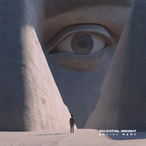 Celestial Insight - A mystical music album cover with a lone figure standing before a giant stone eye between towering walls.