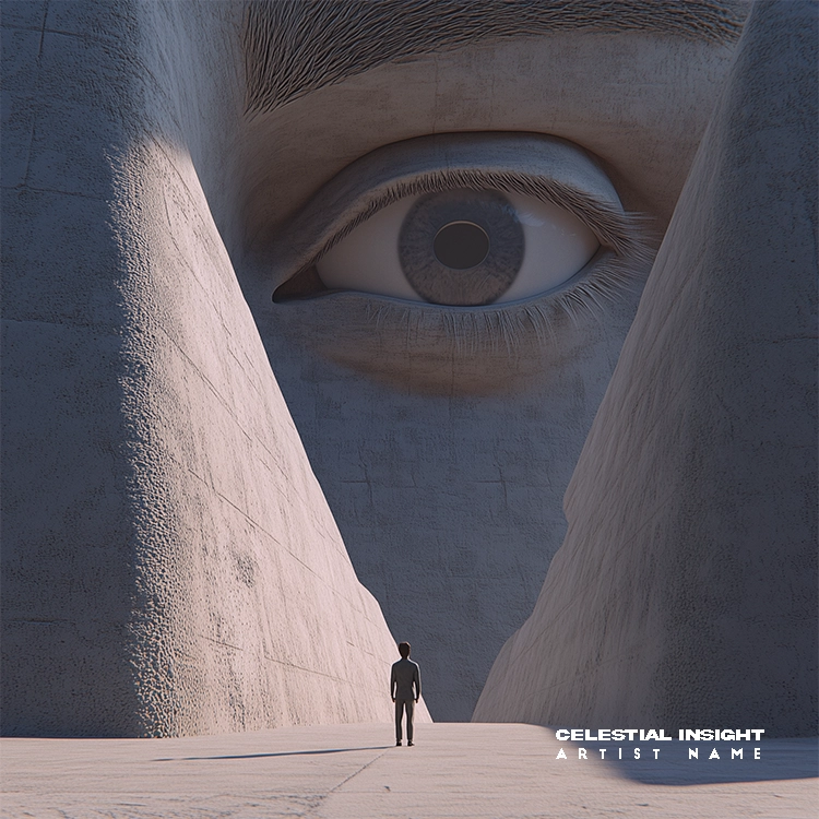 Celestial Insight - A mystical music album cover with a lone figure standing before a giant stone eye between towering walls.