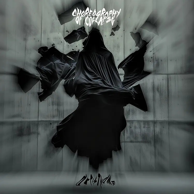 A dark and intense Choreography of Collapse album cover art featuring a hooded, robed figure emerging from a crumbling, fractured concrete wall, symbolizing destruction.