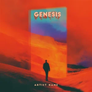 A silhouette of a person walking toward a giant glowing cosmic portal within a vivid orange landscape, optimized as cinematic electronic album cover art.