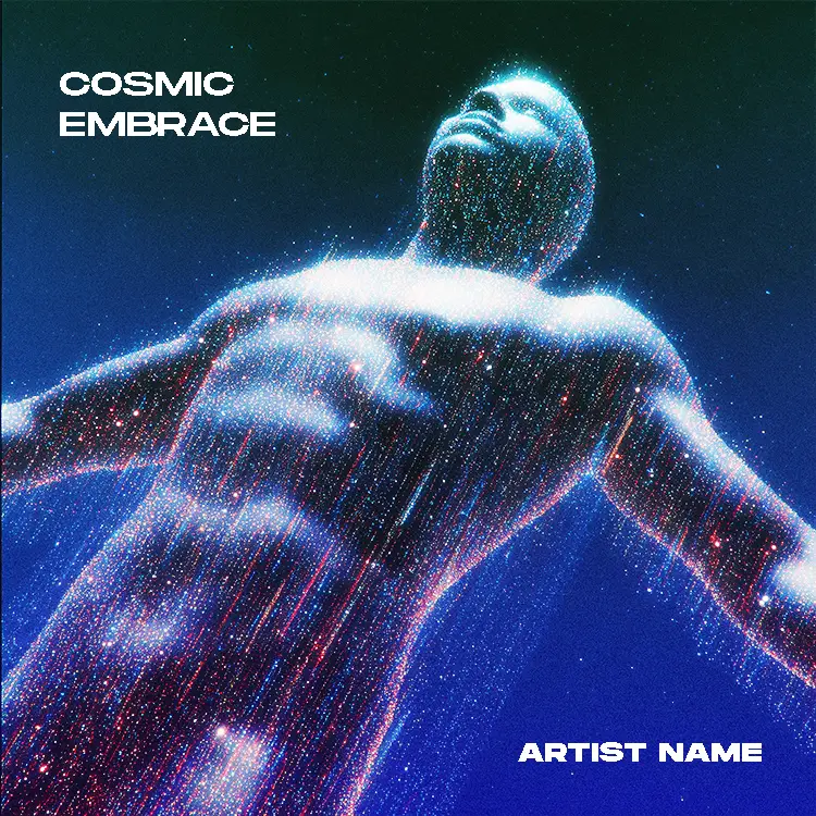 A stunning Cosmic Embrace album cover art featuring a shimmering, stardust-filled figure with arms outstretched, gazing upwards into a starry blue and purple galaxy.