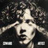 A dark expressionist Coward_Album_Cover_Art with a high-contrast gritty monochrome illustration of a man with wavy hair, whose eyes are covered by hands, set against a black textured background.