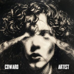 A dark expressionist Coward_Album_Cover_Art with a high-contrast gritty monochrome illustration of a man with wavy hair, whose eyes are covered by hands, set against a black textured background.